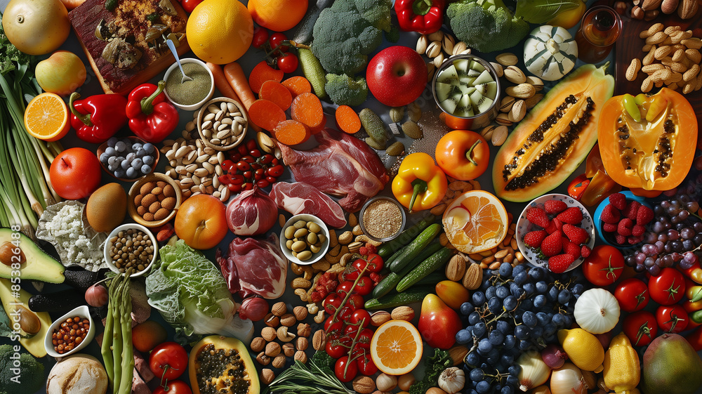 Assortment of Healthy Foods on Textured Surface Assortment of Healthy Foods on Textured Surface