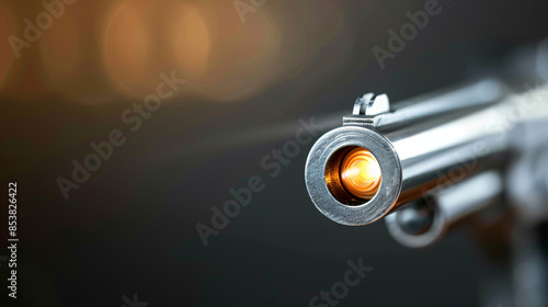 Close-up of a revolver barrel with a bullet exiting, emphasizing power and precision against a blurred background. Action and intensity captured. photo