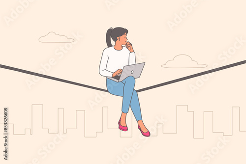 Freelance woman works as copywriter or smm manager, thinking sitting on rope near city