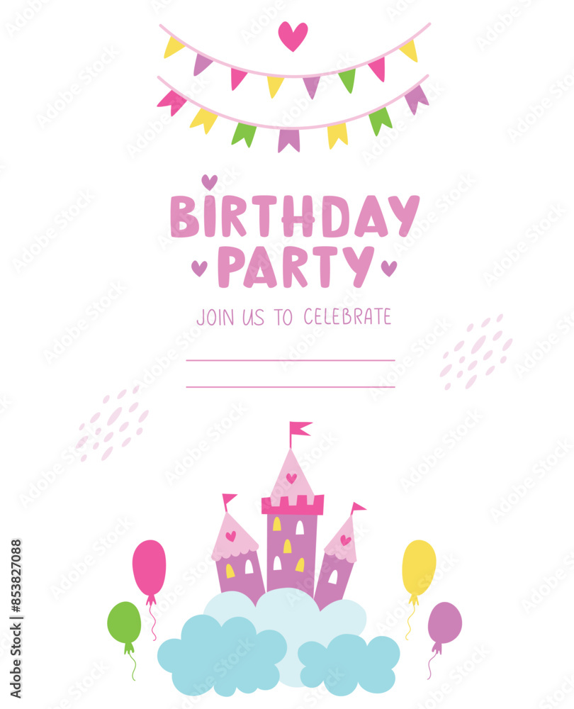 Childrens birthday invitation card for girl vector template design. Birthday party invitation card with cute decoration elements for kids event Childrens birthday invitation card for girl vector template design. Birthday party invitation card with cute decoration elements for kids event