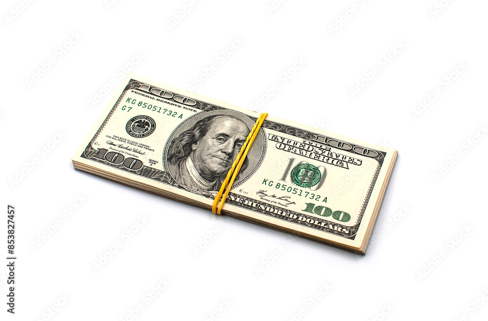 A stack of American hundred dollar bills tied with an elastic band on a white background. A stack of American hundred dollar bills tied with an elastic band on a white background.