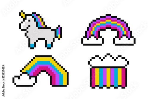 Pixel Art Unicorns wit rainbow and clouds set. Mythical ponies with colorful rainbow and clouds. Children characters for 8 bit vector game.