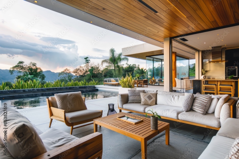 The modern luxury patio, with its comfortable and stylish furniture, offers an inviting space for relaxation and enjoying the outdoors The modern luxury patio, with its comfortable and stylish furniture, offers an inviting space for relaxation and enjoying the outdoors