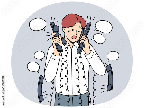 Stressed businessman with numerous headsets overwhelmed with phone calls in office. Exhausted male employee with telephones at workplace struggle with overwork. Vector illustration.