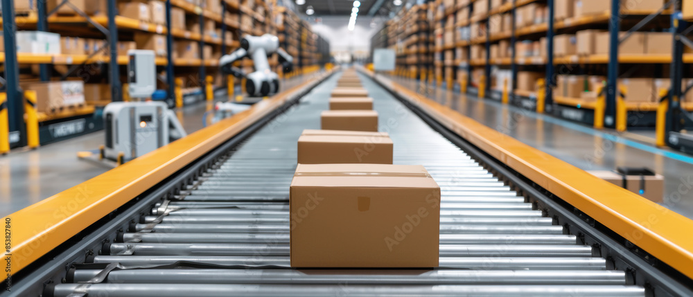A conveyor belt with boxes on it A conveyor belt with boxes on it