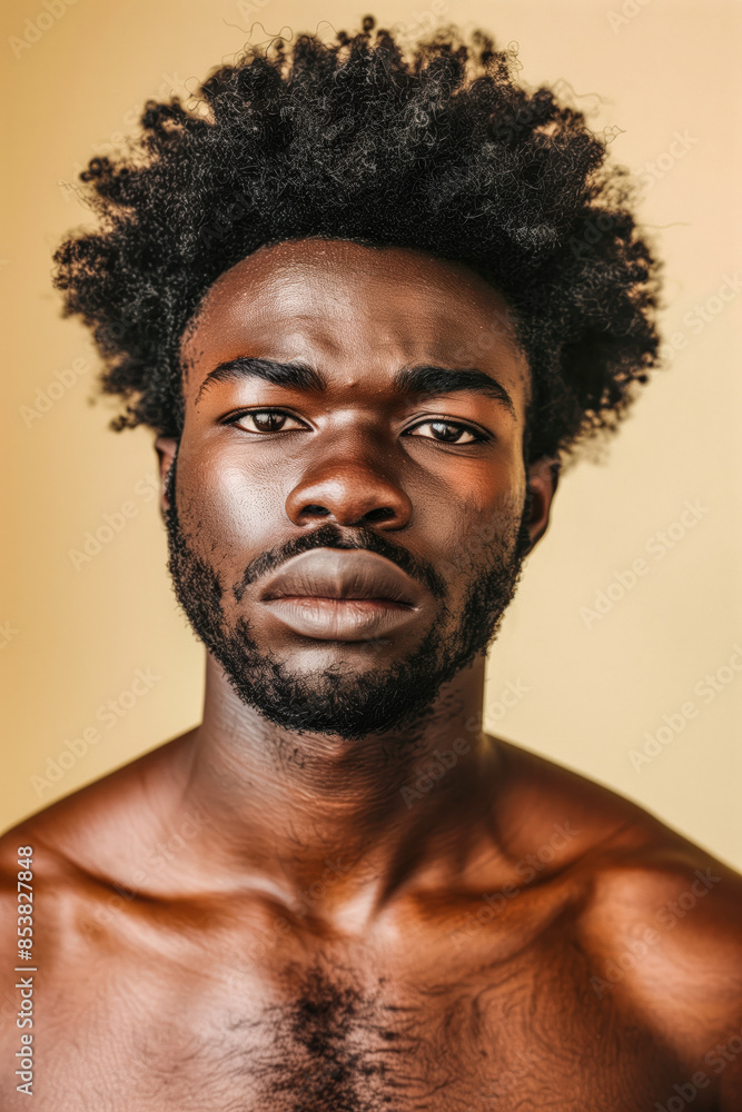 Sad bare-chested afro man on a beige background Sad bare-chested afro man on a beige background