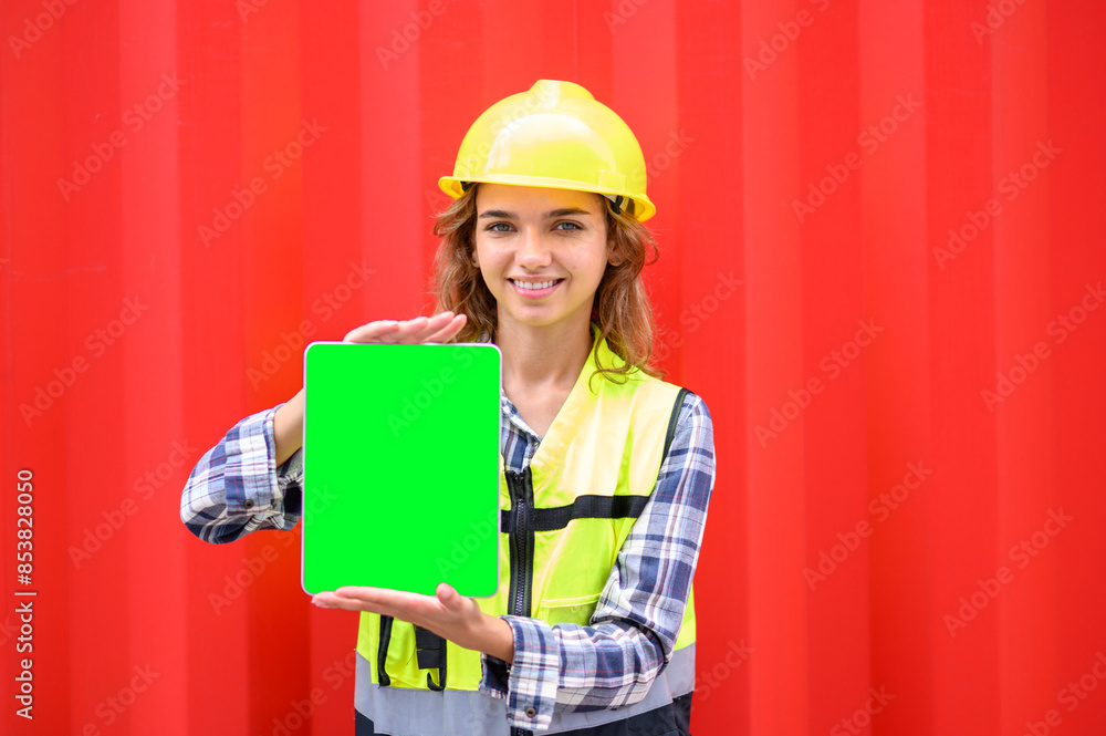 Logistic operators worker shows tablet computer with blank screen, working in cargo container warehouse industry factory site in export, import, and transportation concept. green screen tablet. Logistic operators worker shows tablet computer with blank screen, working in cargo container warehouse industry factory site in export, import, and transportation concept. green screen tablet.