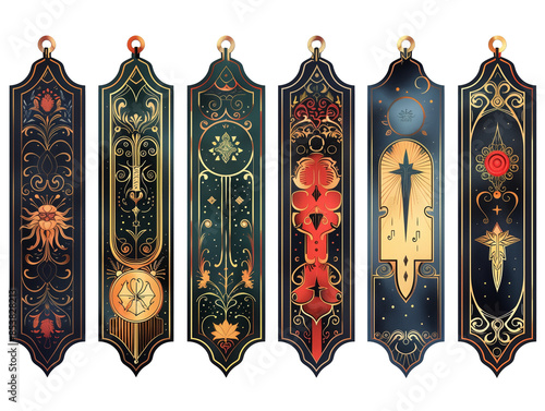 Set of beautiful bookmarks isolated on a transparent PNG background.

