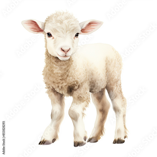 Digital watercolor illustration of an adorable young lamb, side view standing on white background.