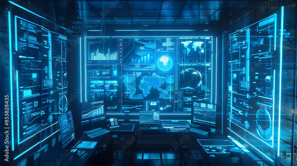 Futuristic Digital Data and Information Interface with World Globe Hologram Futuristic Digital Data and Information Interface with World Globe Hologram