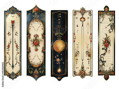 Set of beautiful bookmarks isolated on a transparent PNG background.
