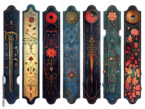 Set of beautiful bookmarks isolated on a transparent PNG background.
