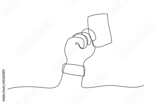 One line hand holding card. Doodle vector illustration. Penalty proof, soccer or football referees hand with foulcard warning sketch.
