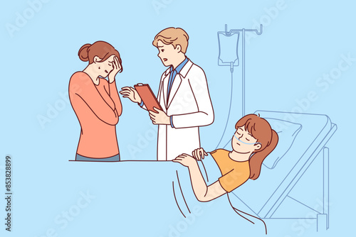 Hospitalized sick child lies unconscious on hospital bed, near crying mother and doctor. Hospitalized girl sleeps after surgery to remove malignant tumor performed using anesthesia