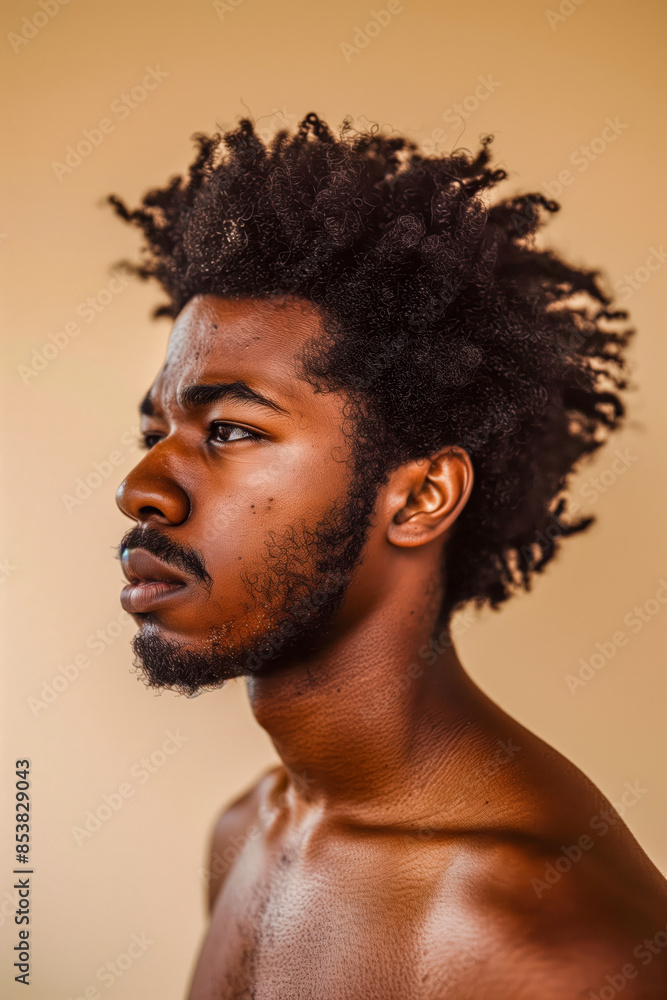 Sad bare-chested afro man on a beige background Sad bare-chested afro man on a beige background