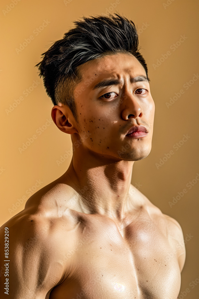 Fototapeta premium Sad bare-chested Asian man on a beige background