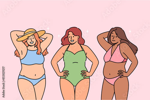 Body-positive women in swimsuits smile and call to abandon stereotypical opinions and body shaming. Attractive girls visiting sunny beach are preparing to sunbathe and swim in sea or ocean