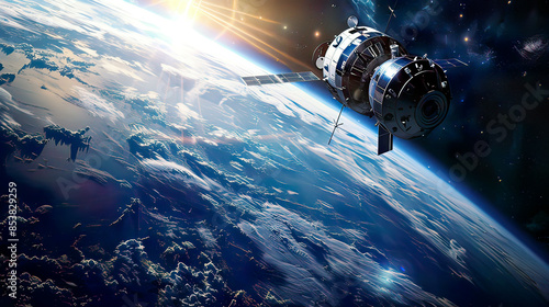 Detailed portrayal: Earth and spacecraft captured in orbit authentic planetary appearance detailed spacecraft design captivating cosmic ambiance .