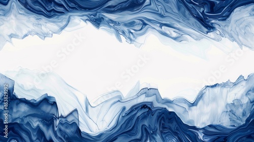 Abstract landscape painting, simple and smooth lines and fluid liquid, white space above and below the picture, high quality, blue and white porcelain color style  © imlane