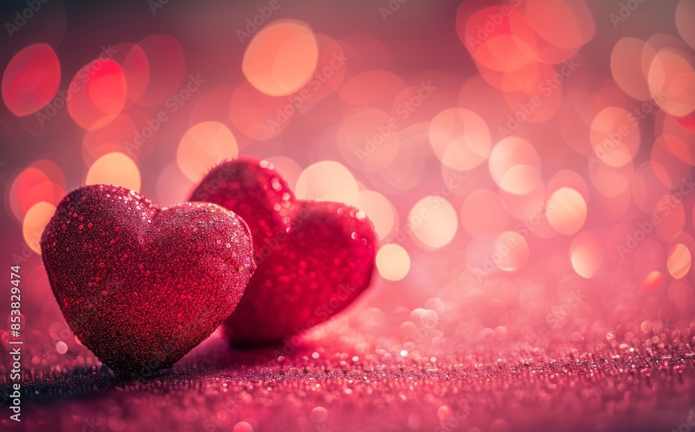 Two red hearts on pink background with bokeh lights, valentine's day concept Two red hearts on pink background with bokeh lights, valentine's day concept