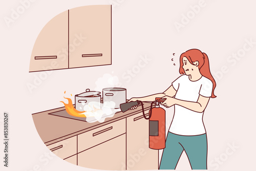 Woman puts out fire in kitchen with fire extinguisher, and panics for fear of combustion spreading. Flame engulfed cooker with pots due to violation safety regulations or careless handling of matches