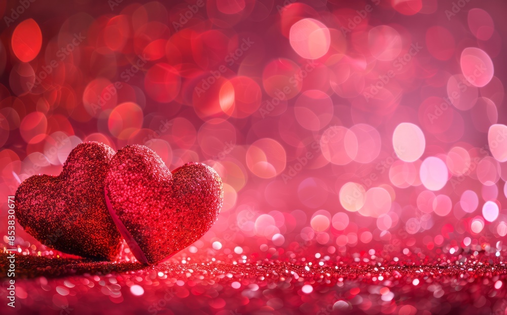 Two red hearts on a pink background with bokeh lights, concept of love or Valentine's Day Two red hearts on a pink background with bokeh lights, concept of love or Valentine's Day