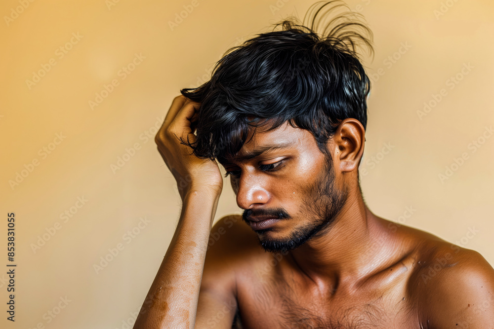 Fototapeta premium Sad bare-chested Indian man on a beige background