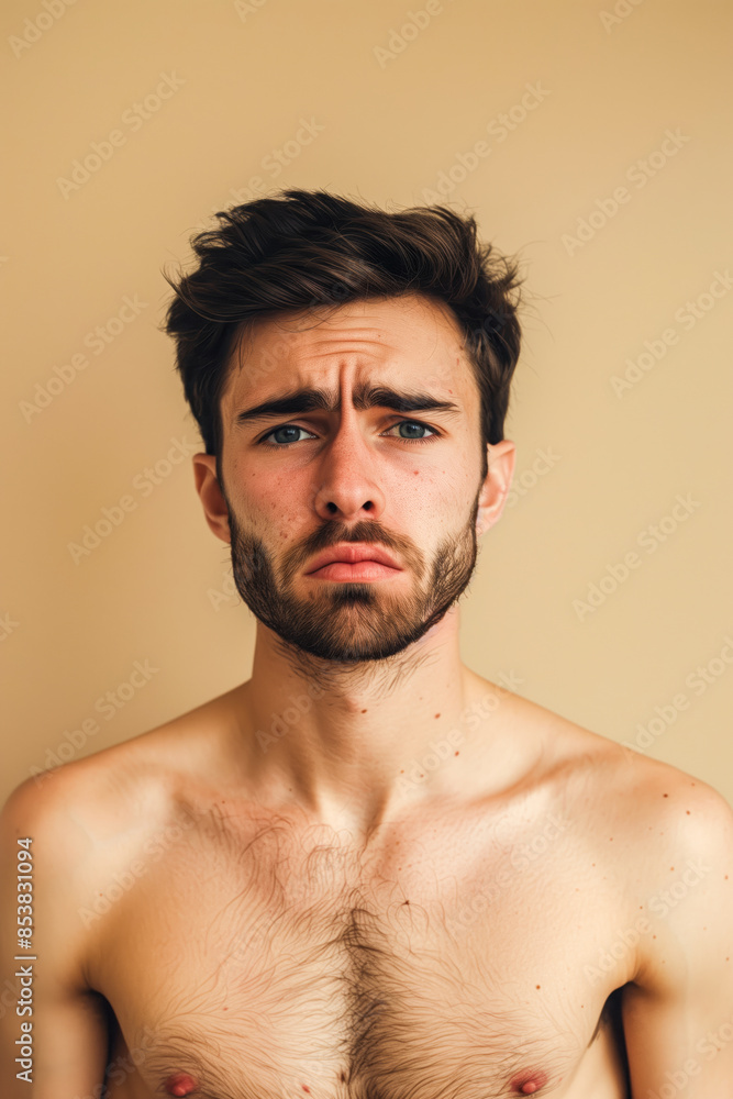 Sad bare-chested man on a beige background Sad bare-chested man on a beige background