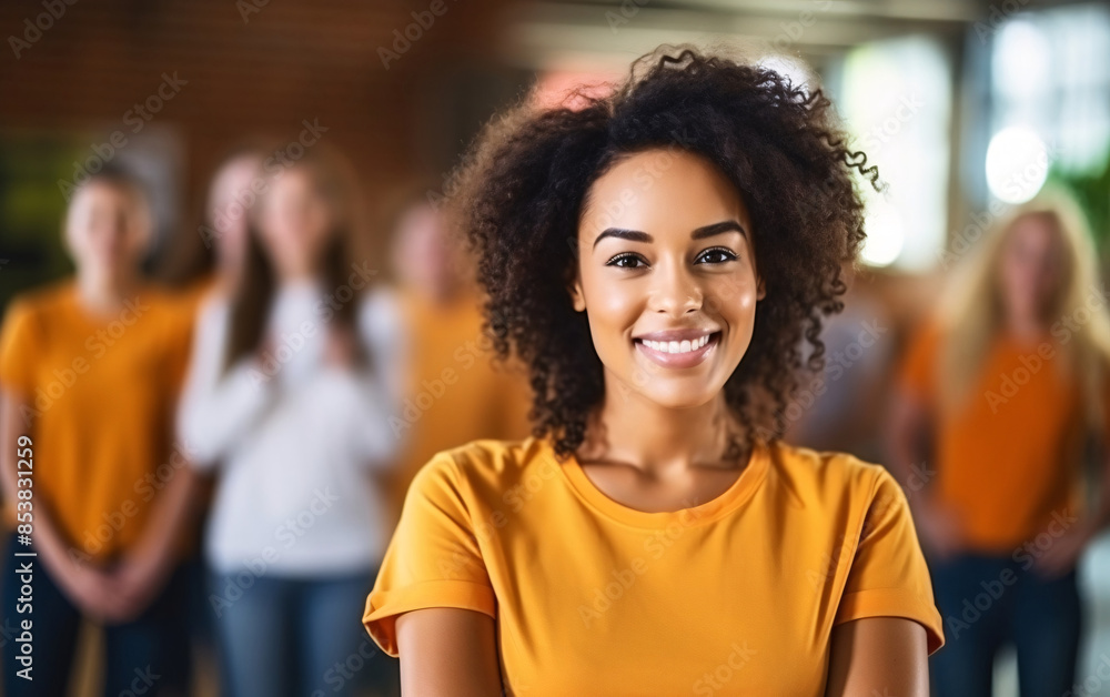 Smiling Woman in Orange Shirt Leading Group Smiling Woman in Orange Shirt Leading Group