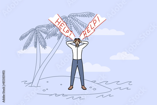 Business man shouts help standing on desert island, as metaphor for dismissal or bankruptcy. Panicking guy needs help to start over after startup collapses and financial recession.