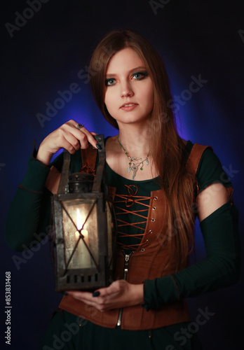 Beautiful girl in ancient medieval dress with candle on dark backgroud