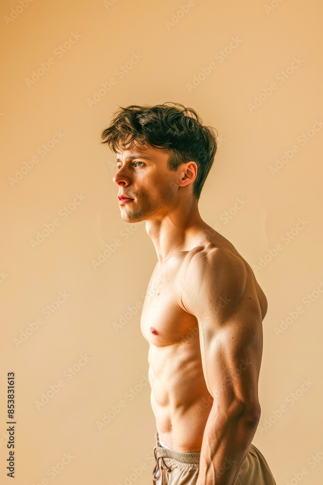 Fototapeta premium Sad bare-chested man on a beige background