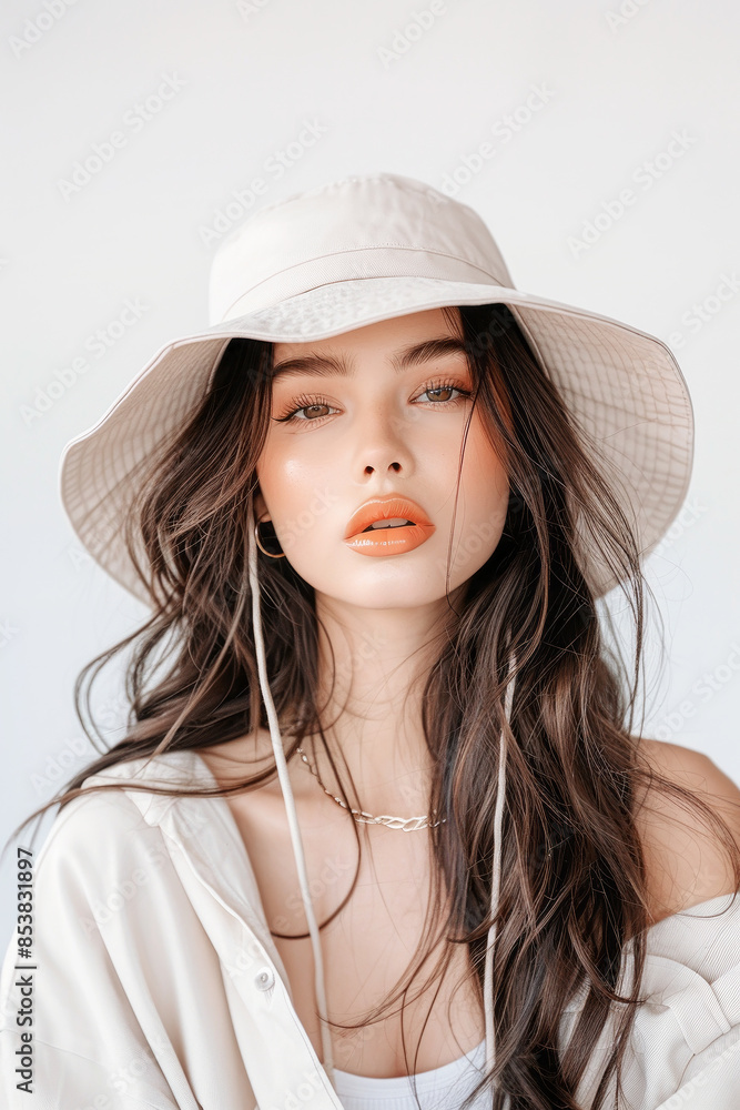 Aesthetic fashion magazine photo. Model in stylish beige look. Bucket hat trends. Ideal concept for social media, fashion bloggers. Aesthetic fashion magazine photo. Model in stylish beige look. Bucket hat trends. Ideal concept for social media, fashion bloggers.