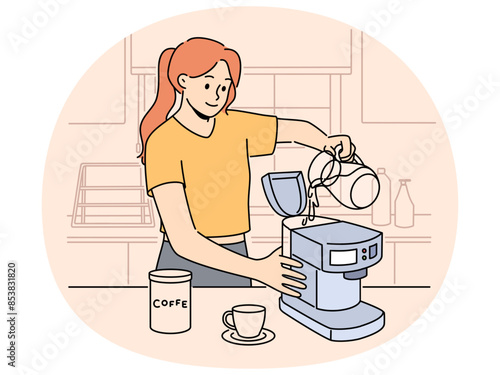 Smiling woman pour water in machine making coffee in device. Happy female prepare gadget for coffee making at home. Technology concept. Vector illustration.