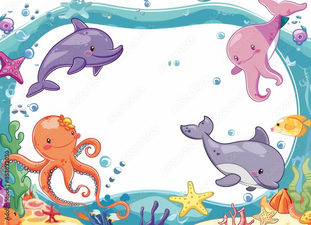 A colorful cartoon frame with cute sea animals, including octopuses and dolphins on the bottom of an ocean background A colorful cartoon frame with cute sea animals, including octopuses and dolphins on the bottom of an ocean background