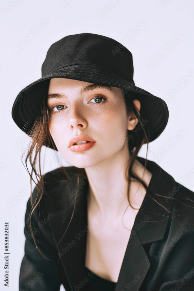 Aesthetic fashion magazine photo. Model in stylish look. Bucket hat trends. Ideal concept for social media, fashion bloggers. Aesthetic fashion magazine photo. Model in stylish look. Bucket hat trends. Ideal concept for social media, fashion bloggers.
