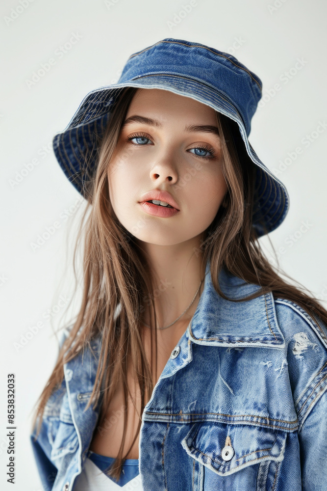 Aesthetic fashion magazine photo. Model in stylish denim look. Bucket hat trends. Ideal concept for social media, fashion bloggers. Aesthetic fashion magazine photo. Model in stylish denim look. Bucket hat trends. Ideal concept for social media, fashion bloggers.