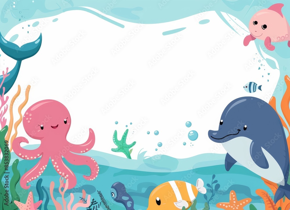 A colorful cartoon frame with cute sea animals, including octopuses and dolphins on the bottom of an ocean background A colorful cartoon frame with cute sea animals, including octopuses and dolphins on the bottom of an ocean background