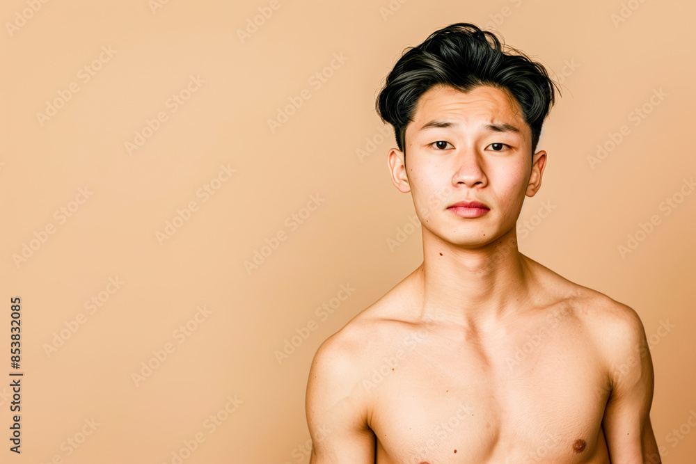 Sad bare-chested Asian man on a beige background Sad bare-chested Asian man on a beige background