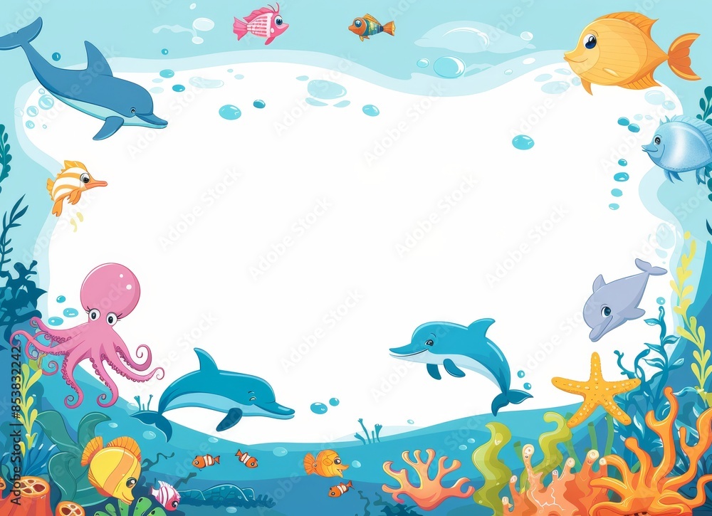 A colorful cartoon frame with cute sea animals, including octopuses and dolphins on the bottom of an ocean background A colorful cartoon frame with cute sea animals, including octopuses and dolphins on the bottom of an ocean background