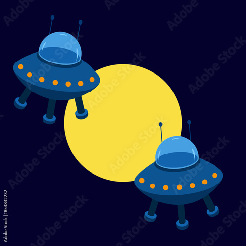two flying saucers against the background of the moon