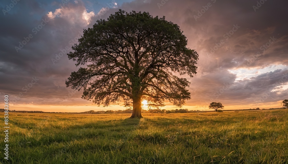 Wide angle shot of a single tree growing under a clouded sky during a sunset surrounded by grass Wide angle shot of a single tree growing under a clouded sky during a sunset surrounded by grass