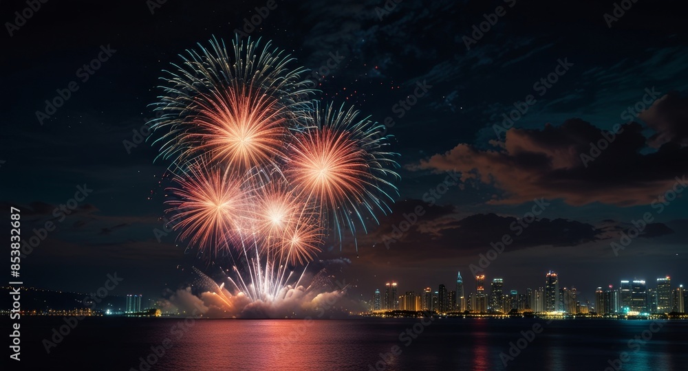 Fototapeta premium Festive Skyline: City Reflects Fireworks on the Water (Holiday Background)