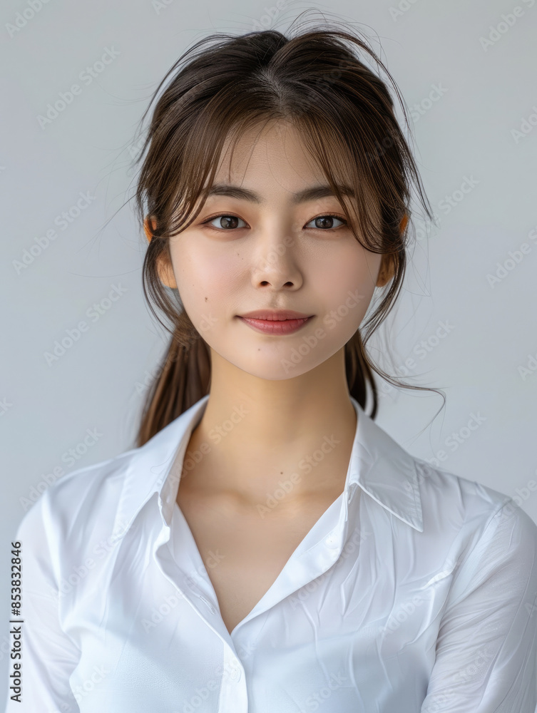 formal portrait of beautiful smiling young Korean woman in formal white shirt with ponytail hair, soft round face, brown eyes and warm vibes looking at front on white background formal portrait of beautiful smiling young Korean woman in formal white shirt with ponytail hair, soft round face, brown eyes and warm vibes looking at front on white background