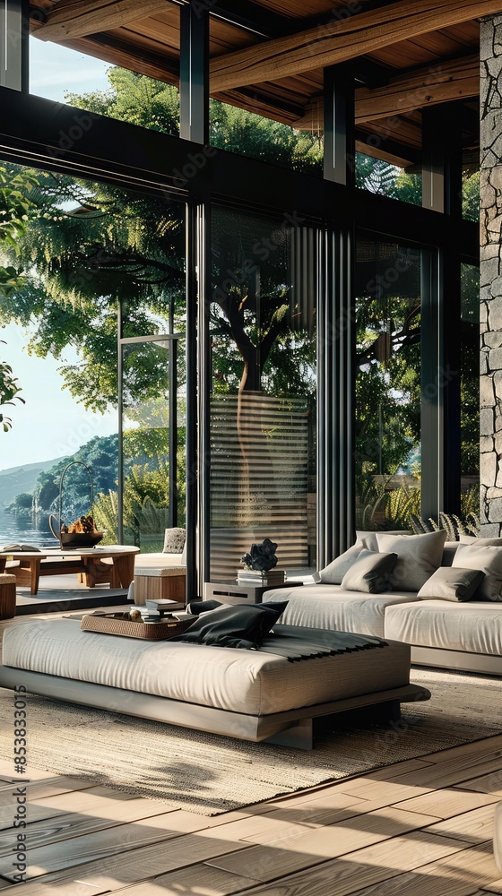 Fototapeta premium Stylish Living Room with Scenic Garden