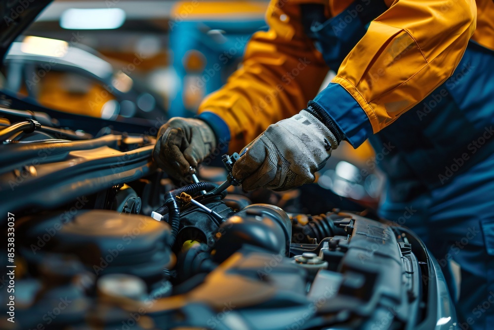 Close-up person fixing car engine Close-up person fixing car engine