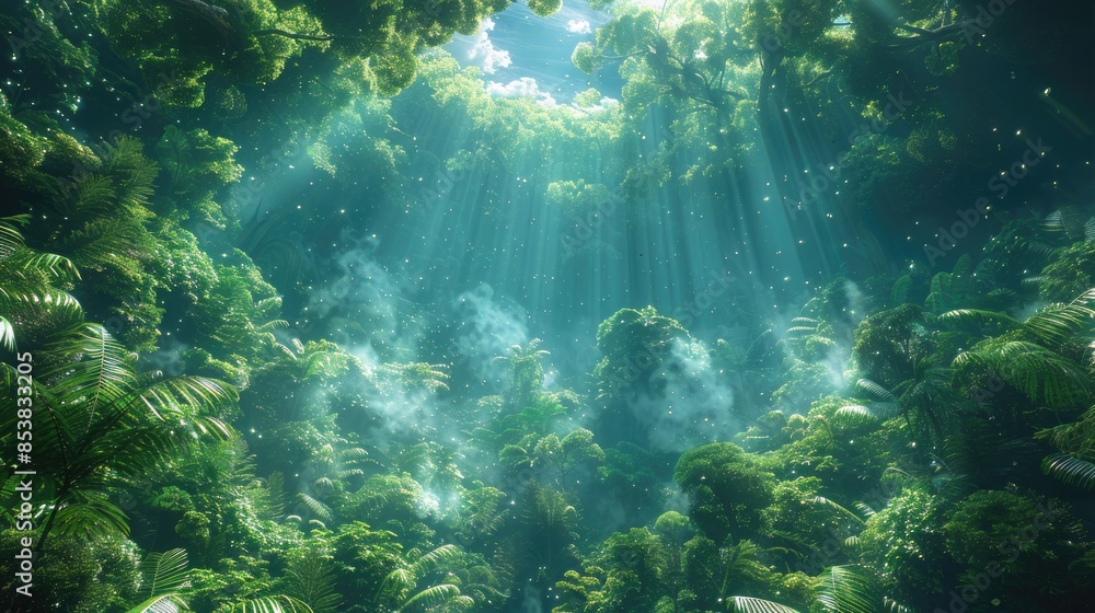 Naklejka premium Sunbeams piercing through a dense forest canopy