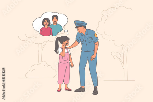 Kind policeman helps lost girl finds herself alone in park to find mother and father.