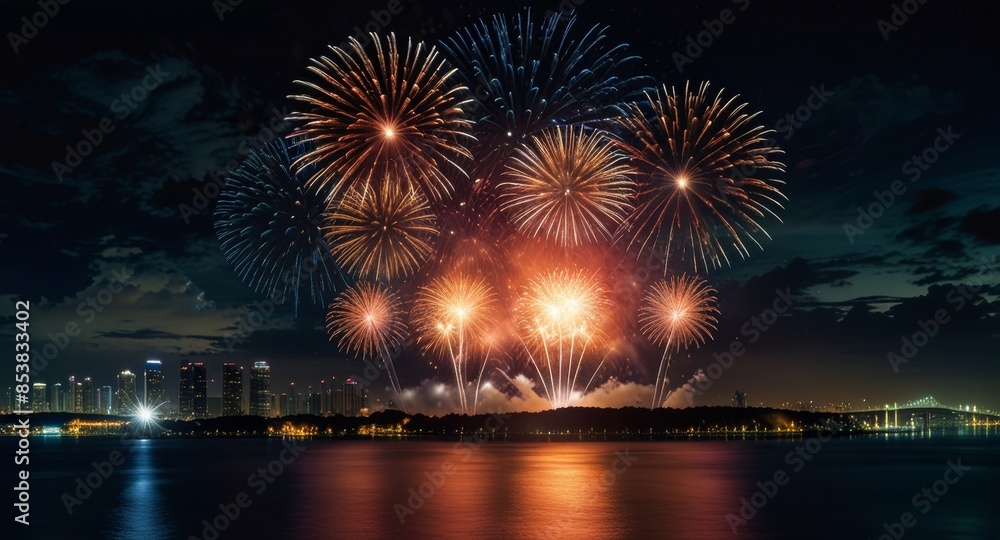 Fototapeta premium Festive Skyline: City Reflects Fireworks on the Water (Holiday Background)