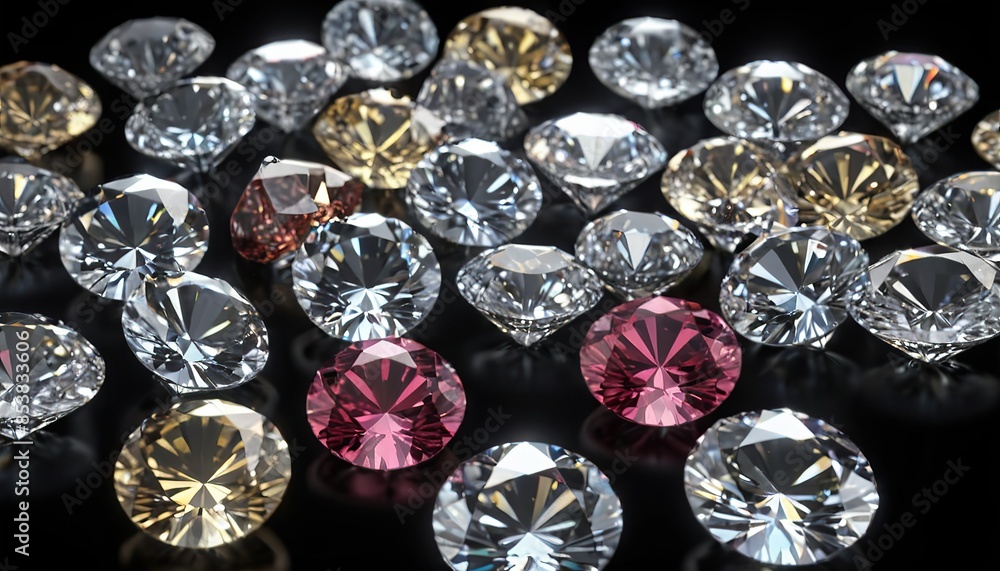 Shiny round diamonds on black background, luxury brilliants sparkle on dark desk, white gemstones with reflections. Concept of jewel, jewelry, gem, gift, natural precious stone, crystal Shiny round diamonds on black background, luxury brilliants sparkle on dark desk, white gemstones with reflections. Concept of jewel, jewelry, gem, gift, natural precious stone, crystal